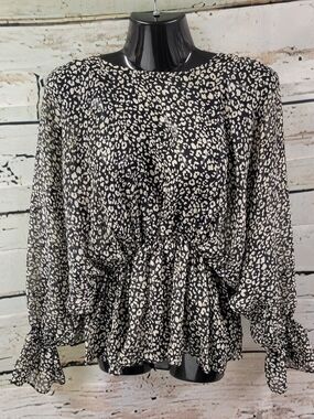 Grade & Gather Leopard Print Peplum Blouse S – Sheer Ruffle Sleeve Boho Chic